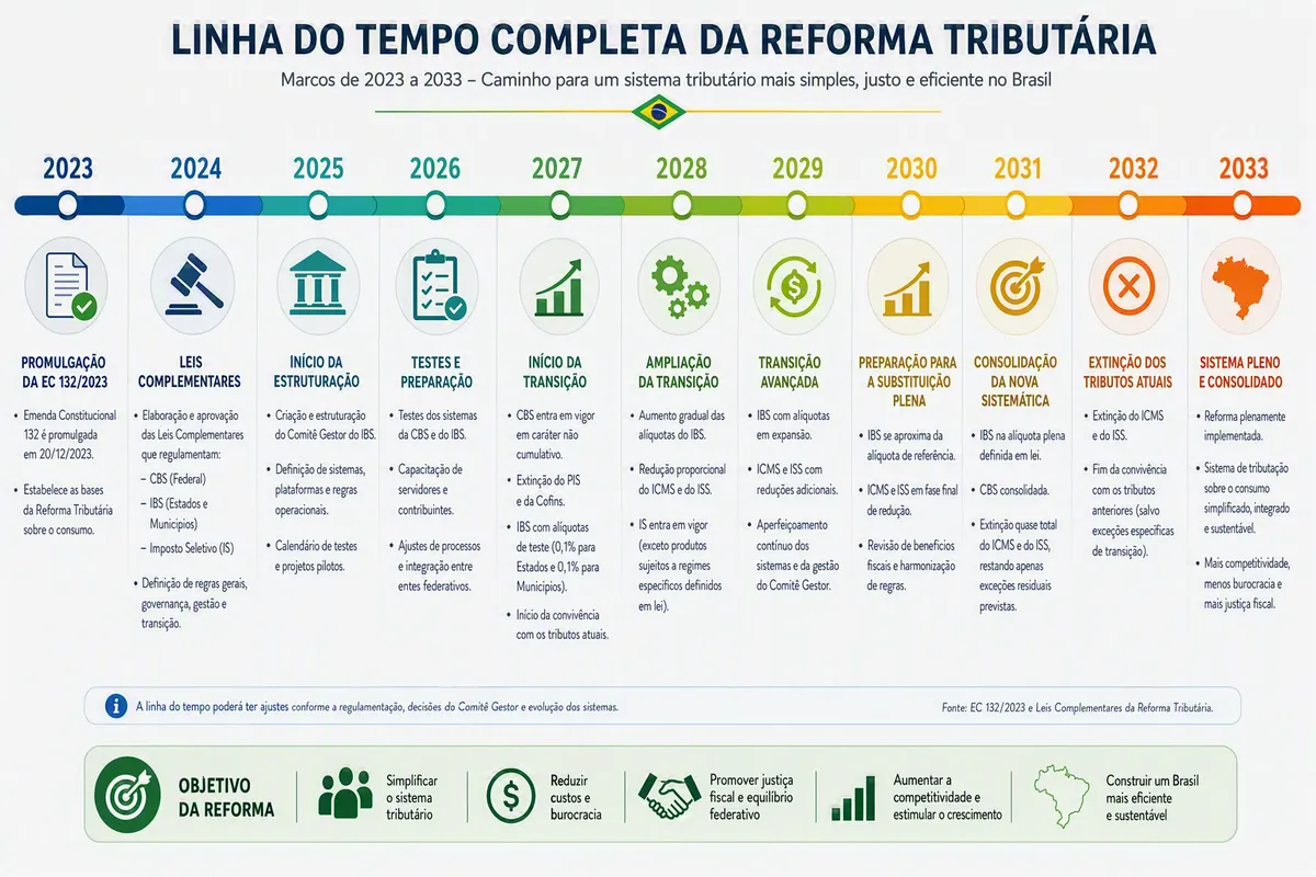 Linha do tempo dos principais marcos da reforma tributária entre 2023 e 2033