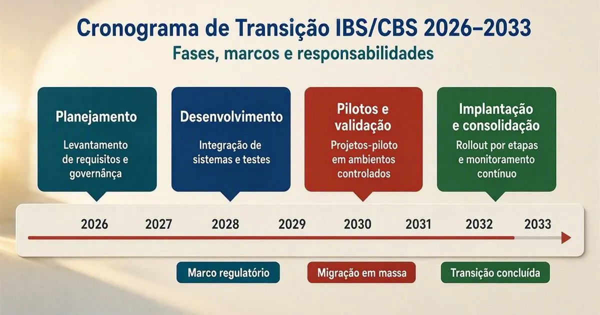 Linha do tempo ilustrando as etapas da transição do IBS e da CBS entre 2026 e 2033