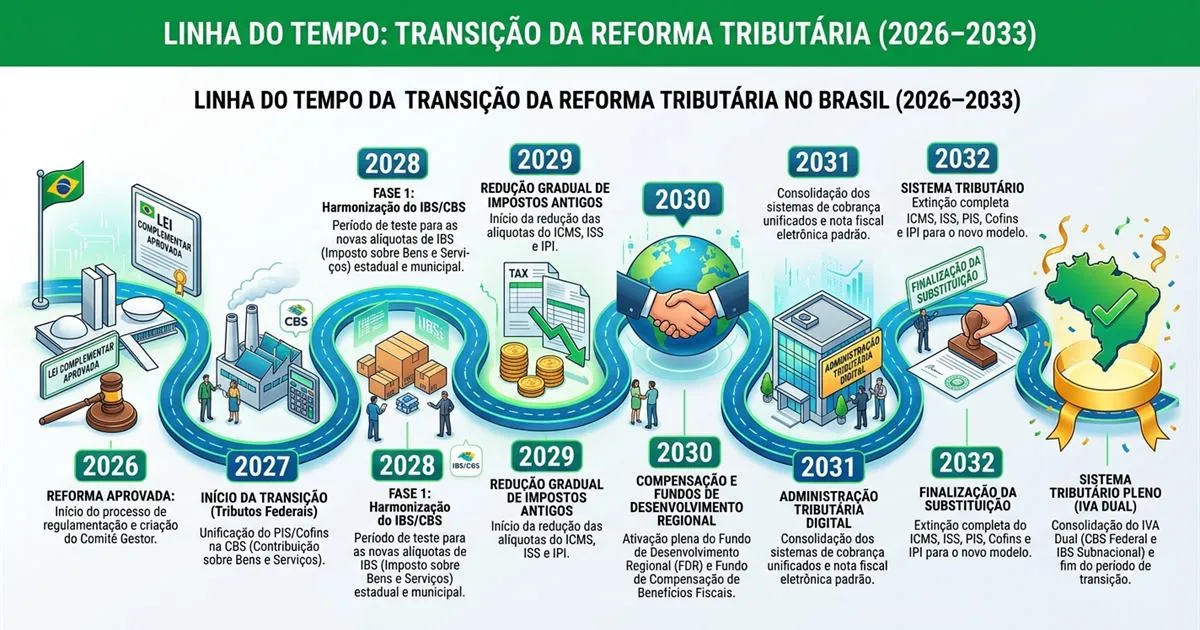Linha do tempo da transição da reforma tributária de 2026 a 2033