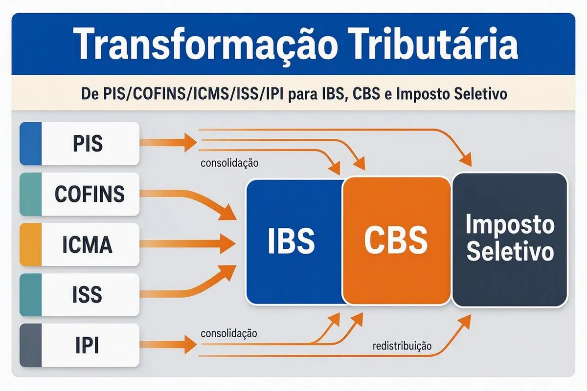 Ilustração conceitual da reforma tributária brasileira mostrando tributos antigos sendo substituídos por IBS, CBS e Imposto Seletivo